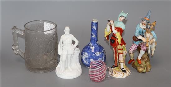 Two German porcelain figures, a Victorian commemorative glass tankard